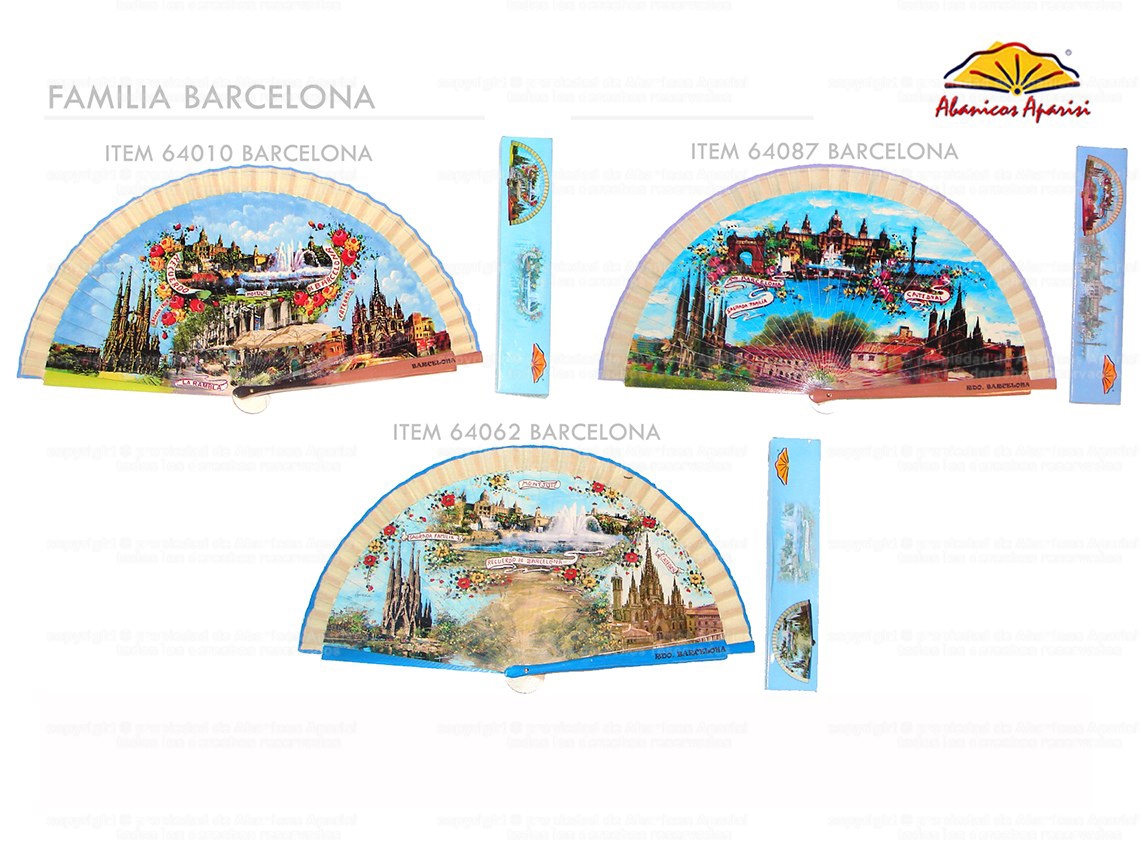 64010 – Wooden fan Barcelona including individual box with the same decoration