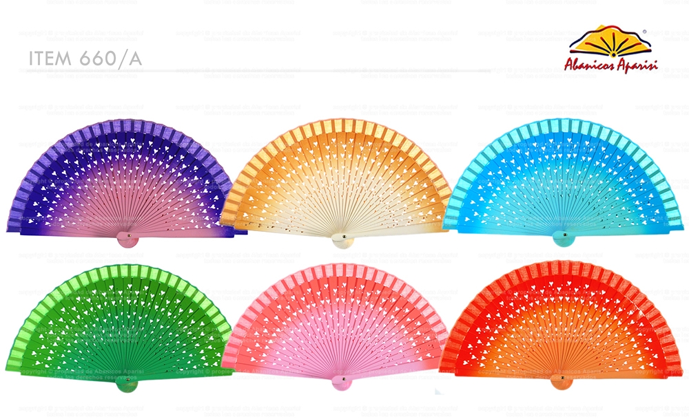 660/A – wooden handbag fan with heart shaped fretwork and degraded color effect