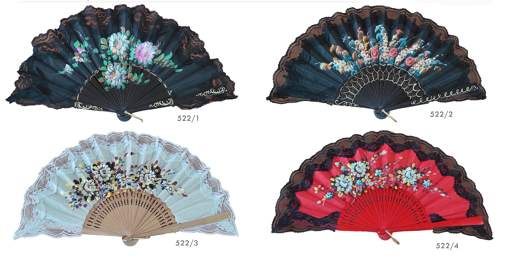 522/SU - Wooden painted fan with folwers - lace (assorted colours)