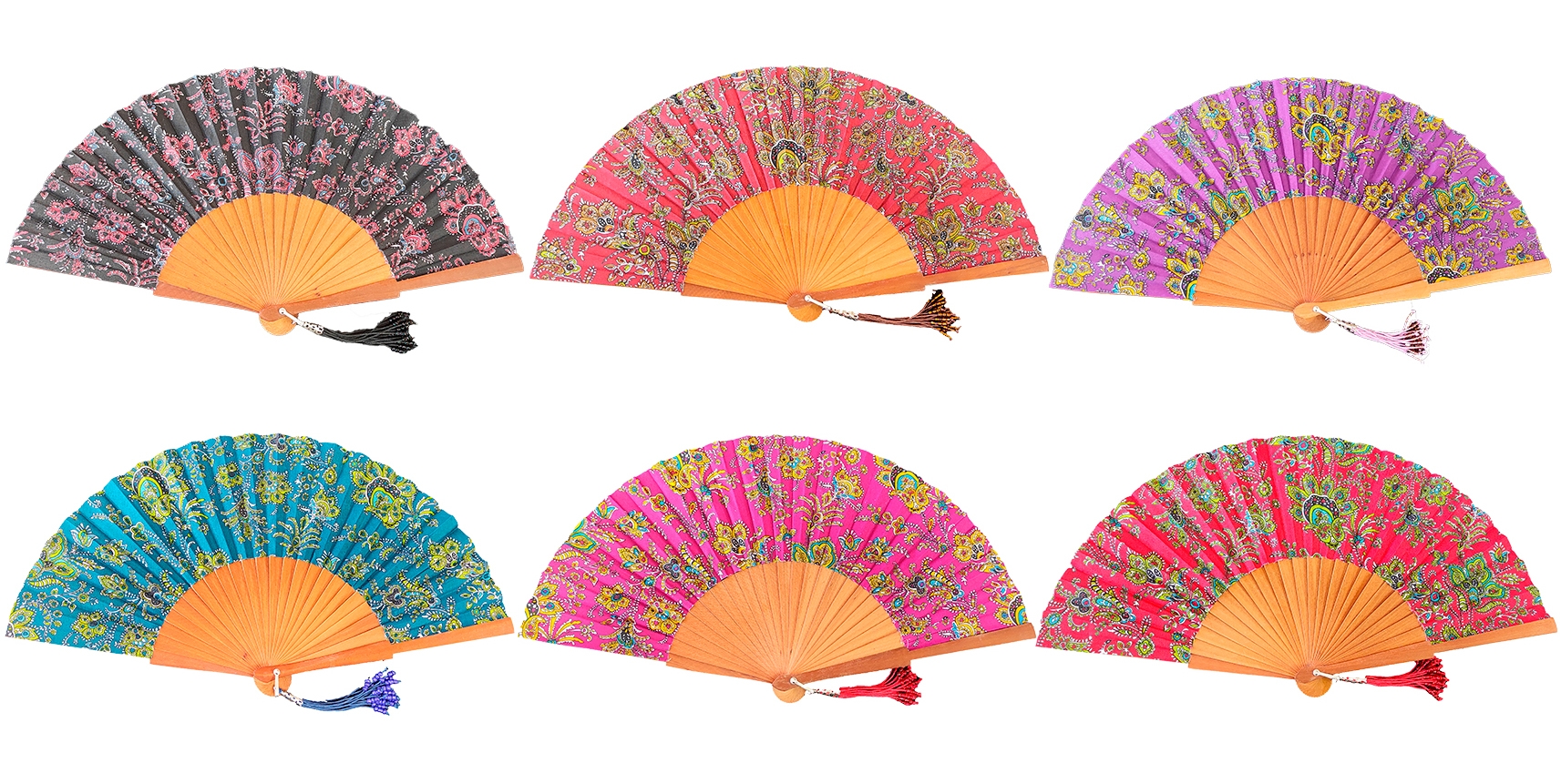 566 - Wooden fan -  luxury cashmere flowers (assorted colours)