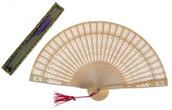 12 White – fretwork sandalwood fan with hanging pom pom