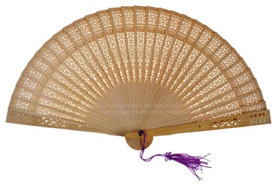 12 White – fretwork sandalwood fan with hanging pom pom
