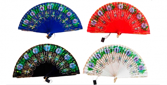 4213 - Wooden fan -  luxury flowers on 2 sides (assorted colours)