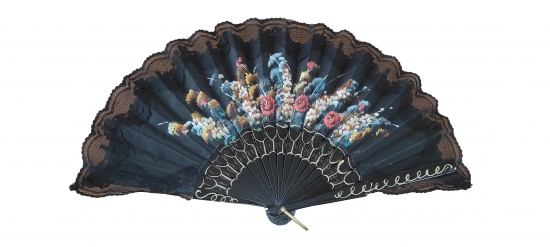 522/SU - Wooden painted fan with folwers - lace (assorted colours)