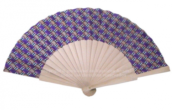 527 – Fan in natural wood, 9cms.fabric knots print – 1 side