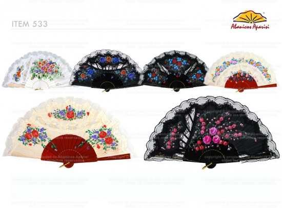 533 – Wood fan decorated with hand painted flowers and lace.