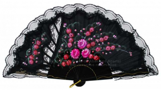 533 – Wood fan decorated with hand painted flowers and lace.
