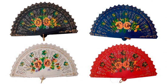 6728 - Elegant wood fan painted on 2 sides  - (assorted colours)