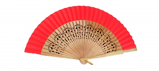 97/11 - Oak wooden openwork fan fabric colour red
