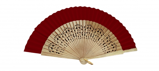 97/5 - Oak wooden openwork fan fabric colour burgundy