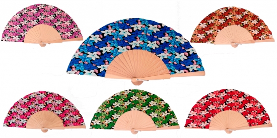 558 - Wooden fan - flowers (assorted colours)