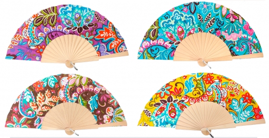 561 - Wooden fan -  mosaic flowers (assorted colours)