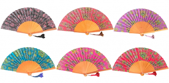 566 - Wooden fan -  luxury cashmere flowers (assorted colours)